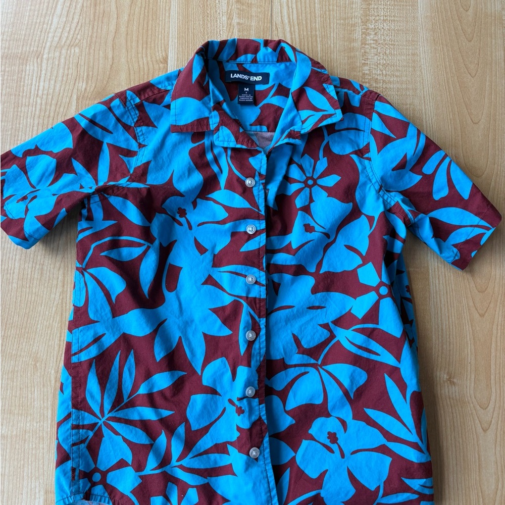 Lands' End Youth Blue and Brown Floral Shirt
